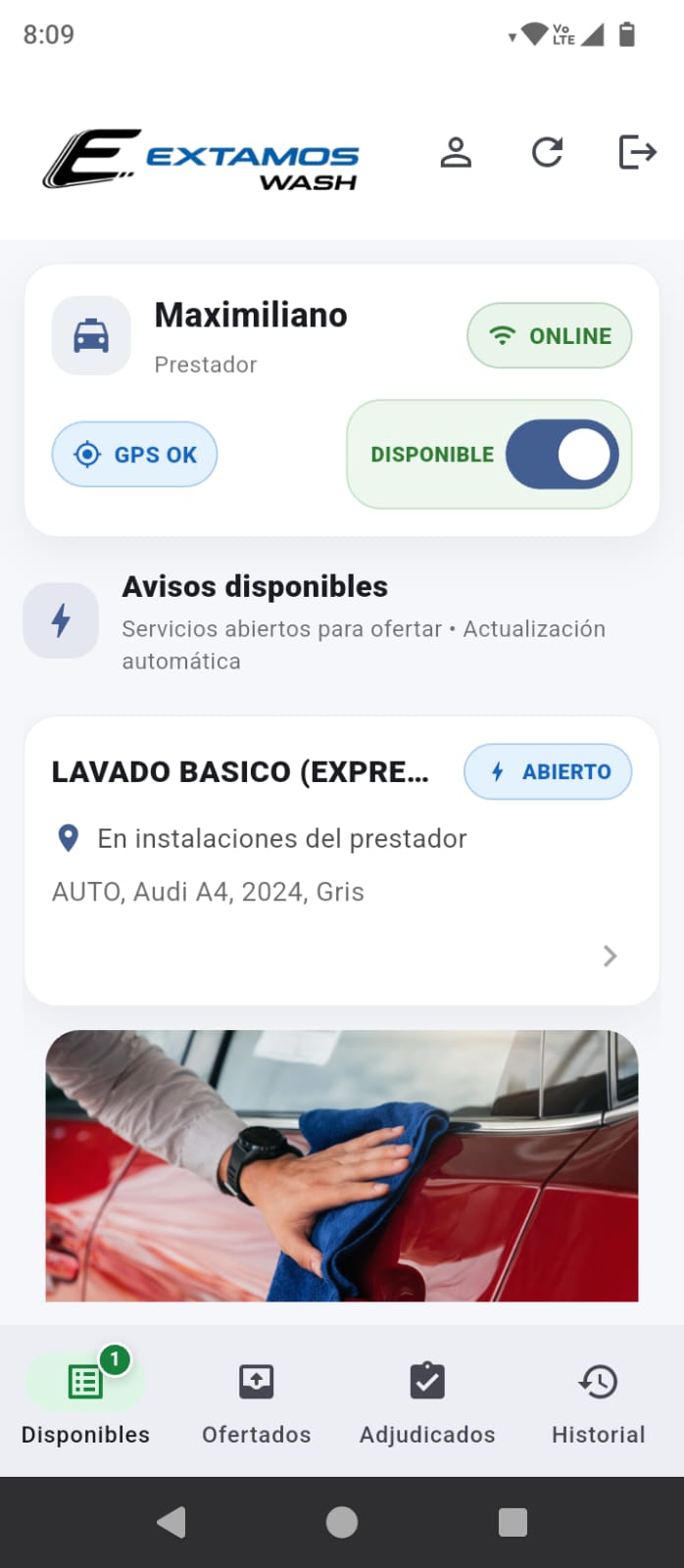 Pantalla de inicio de Extamos Wash Prestador