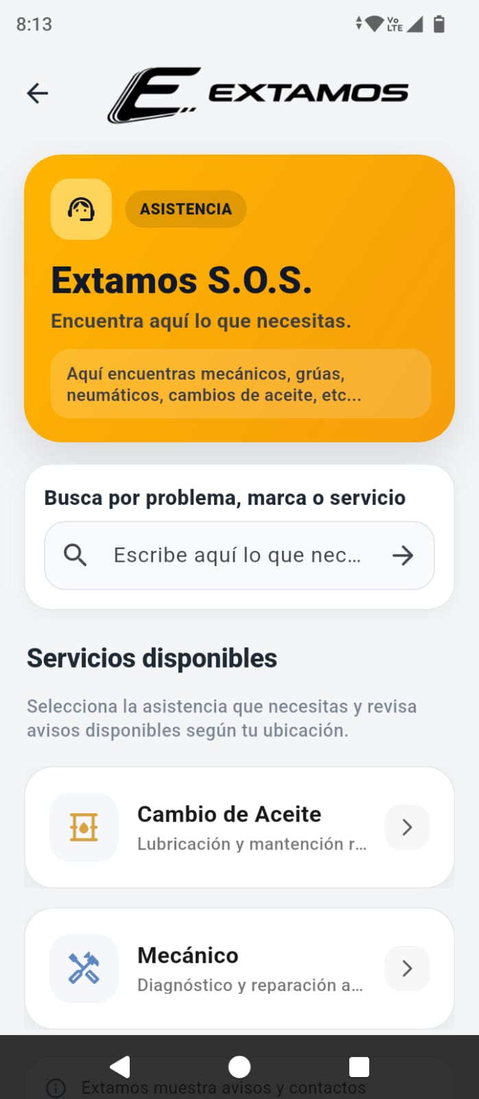 Pantalla con las categorías de servicios de Extamos S.O.S.