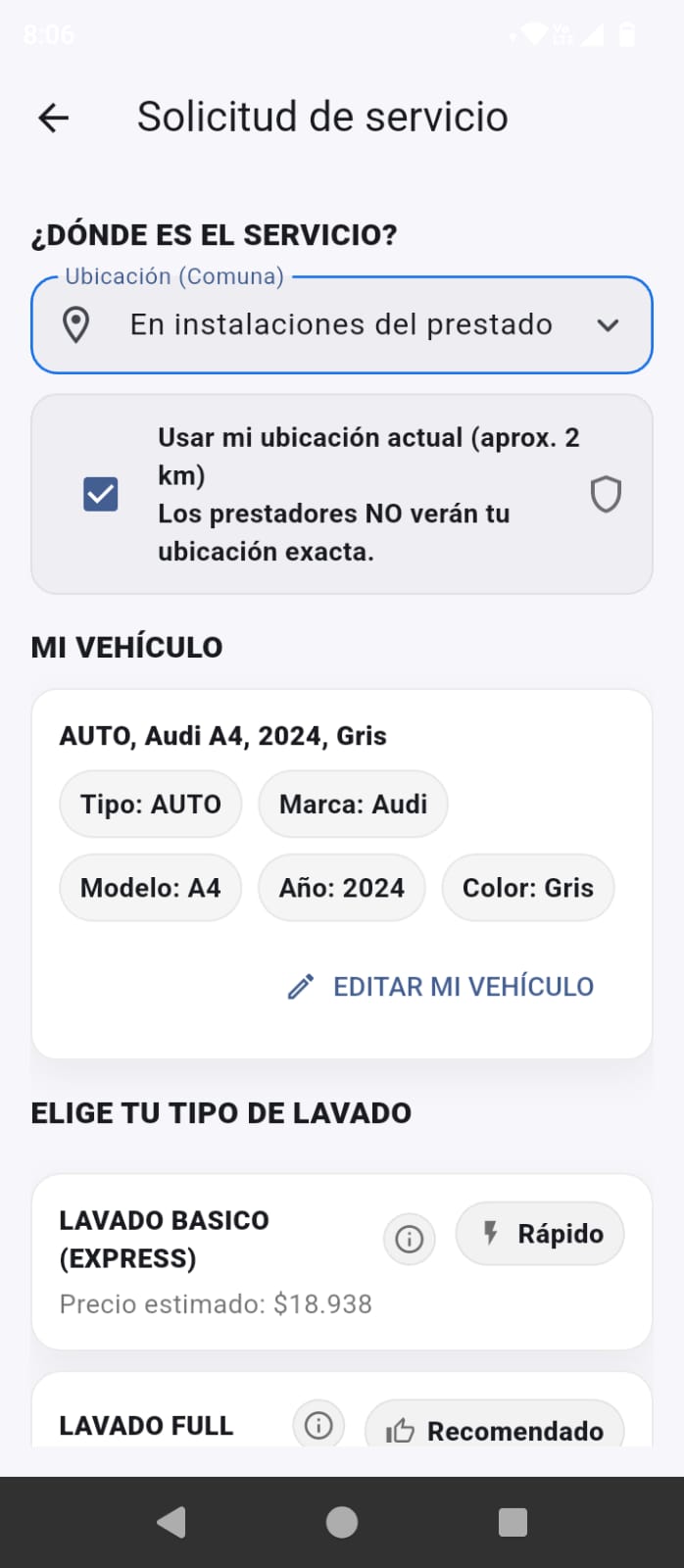 Pantalla para crear una solicitud de lavado
