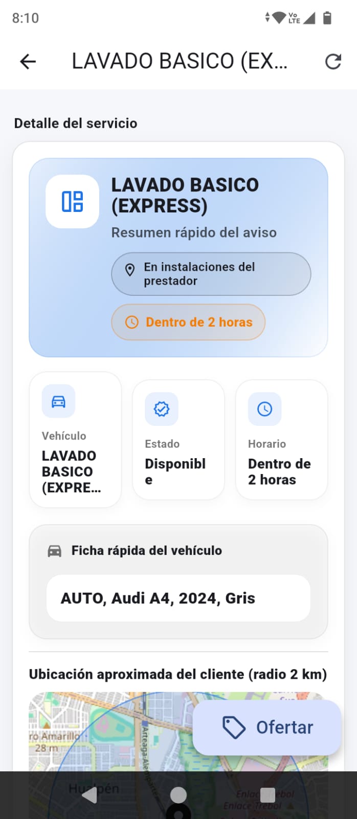 Pantalla con solicitudes disponibles para prestadores